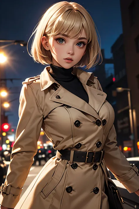 high quality,  best quality, Female,  1 woman, alone, portrait, leaf, bangs, sidelocks,20-year-old, ((bob hair)), night street, (large breasts, glamorous body, slim waist), (beige trench coat),blue turtleneck sweater, belt