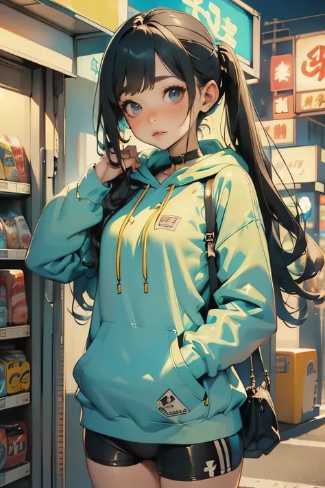 In Front  of a convenience store at night、Lawson、 girl、whole body、Front 、 blue hoodie 、  black hair、 long hair、