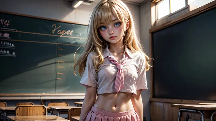 1girl, solo, single girl, young girl, Standing in a classroom, Cute blonde girl wearing revealing pink high-school uniform in classroom, sexy, petite, blue eyes, popular girl, standing in front of the chalkboard,