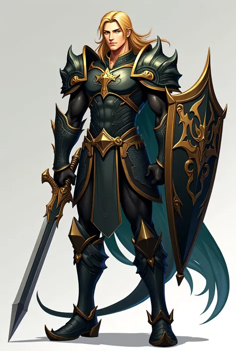 Animated soldier, male number 1, green eyes, long golden hair, upright, straight face, wearing black dragon armor, dragon booth shoes, right hand holding dragon sword, left hand holding dragon shield