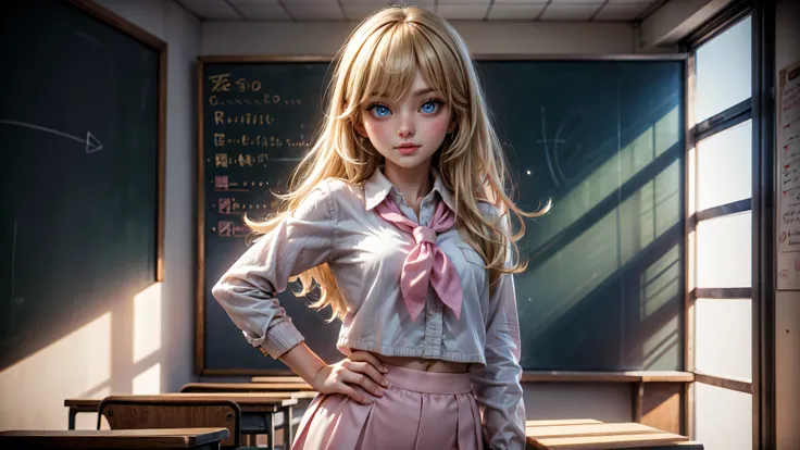 1girl, solo, single girl, young girl, Standing in a classroom, Cute blonde girl wearing revealing pink high-school uniform in classroom, sexy, petite, blue eyes, popular girl, standing in front of the chalkboard, 