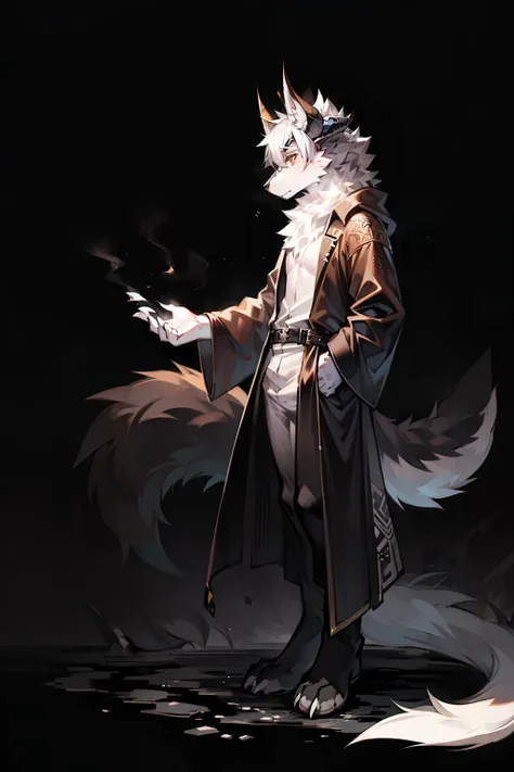 A full body black and white drawing of an anthropomorphic wolf,Uses a furry art style， and the right hand is covered with black fog， The right side has a dragon horn 。