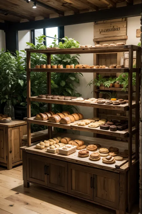 Make a rustic bakery with dark wood tones and dark green plants