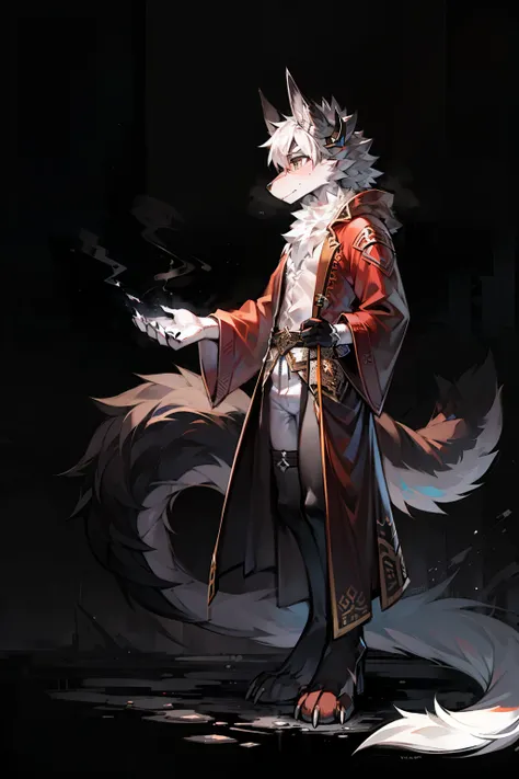 A full body black and white drawing of an anthropomorphic wolf,Uses a furry art style， and the right hand is covered with black fog， The right side has a dragon horn 。