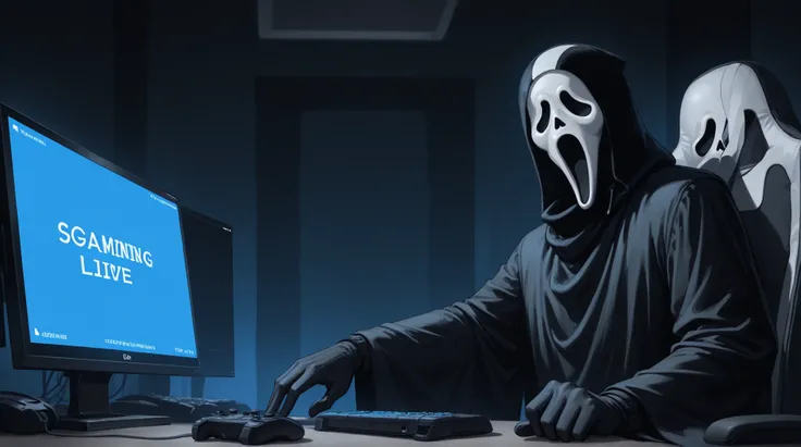 Ghostface from the movie scream black cloak black gloves sitting at a gaming pc with lots of monitors doing live streaming.