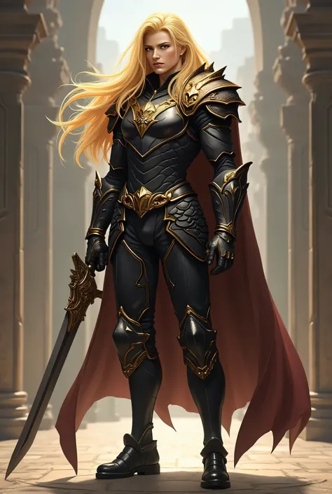 Animated soldier number 1, long golden hair, upright, straight face, wearing dragon armor, black gold armor, dragon booth shoes, dragon sword handgun 