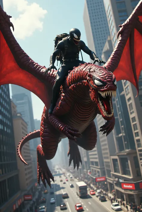 Venom riding a red dragon on the big city area, with a backpack. Realistic