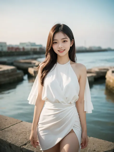  really beautiful young asian woman,  dress, ( small smile :1.1), (White teeth of a teenager ), Thin thighs, dark brown eyes,  long hair, Brilliant and vibrant colors ,  masterpiece,  top quality,  top quality,  Amazing Details , seashore,  standing positi...