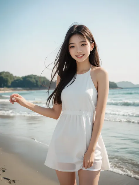  really beautiful young asian woman,  dress, (smile:1.1), (White teeth of a teenager ), Thin thighs, dark brown eyes,  long hair, Brilliant and vibrant colors ,  masterpiece,  top quality,  top quality,  Amazing Details , seashore,  standing position