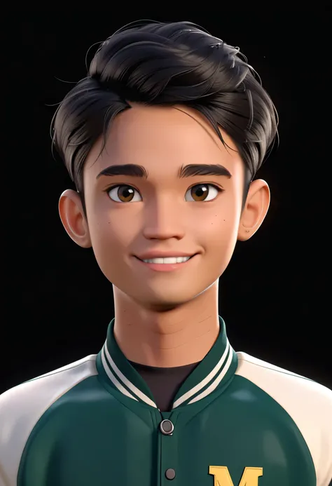 3d cute cartoon character of marcelino with short black quiff hari with thin sides, detailed face, detailed hair, wearing varsity jacket, potrait, avatar, isolated with white background, good professional lighting, unreal engine