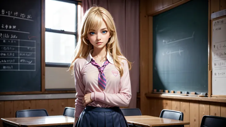 1girl, solo, single girl, young girl, Standing in a classroom, Cute blonde girl wearing revealing pink high-school uniform in classroom, sexy, petite, blue eyes, popular girl, standing in front of the chalkboard, 