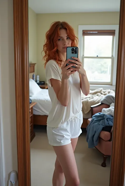 "A redhead woman standing in front of a full-length mirror in her bedroom, casually taking a selfie with her phone. Her wavy auburn hair falls naturally over her shoulders, slightly messy. She wears a loose white t-shirt and comfy shorts, looking relaxed w...