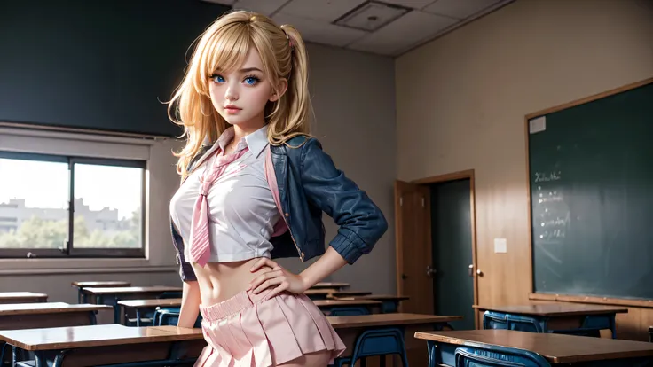 1girl, solo, single girl, young girl, Standing in a classroom, Cute blonde girl wearing revealing pink high-school uniform in classroom, sexy, petite, blue eyes, popular girl, standing in front of the chalkboard,