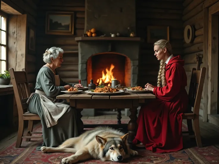  (masterpiece), best quality, grandma (80 years old, grey hair and glasses wearing a grey dress and a white apron),, young girl (blond hair and braids, wearing classic red riding hood clothes) and the hunter (dressed in classic seventeenth century hunting ...