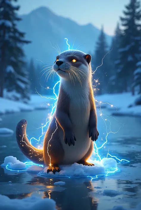 The playful brown otter has fully merged with the magical lightning, transforming into a sleek and powerful electric hybrid. Its once soft, wet fur now crackles with glowing blue and yellow energy, as arcs of electricity ripple across its streamlined body....