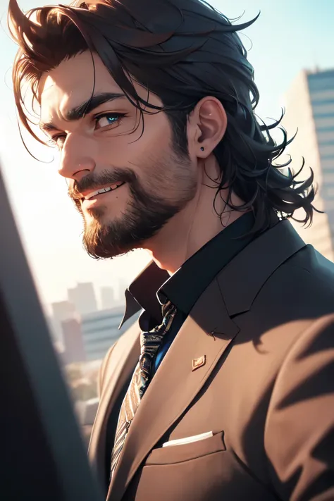 ( best quality,4K,8k, highres, masterpiece :1.2), ultra-detailed ,(realistic,photorealistic,photo-realistic:1.37),44 years old, man,3 day beard,Beautiful anime,Portraits,strong,Masculine, dark haired ,sharp jaw, mesmerizing eyes , perfectly combed hair,coo...