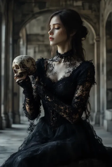 Love Beyond Time, High Quality, Gothic Horror, One Girl, Solo, Beautiful Woman, Queen of the Night, Dark Empress, Long Black Hair, Long Eyelashes, Closed Eyes, Narrow Face, Mole Under Eye, Moist Lips, Slim Body, Medieval European Black Dress, High Neck, Ch...