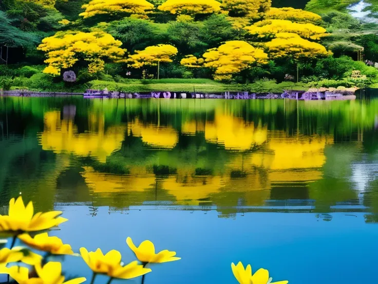 yellow hibise flowers with a view of a lake and mountains, a picture by Tadashi Nakayama, flickr, hurufiyya, tropical flower plants, beautiful tropical flowers, blooming tropical flowers, tropical flowers, beautiful nature, beautiful!!!!!!!!!!!!, yellow co...