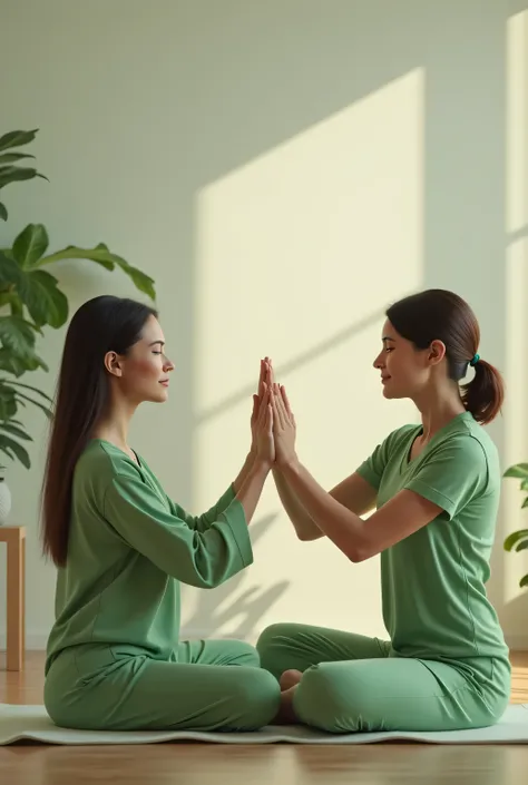 A patient and a therapist helping to stretch detail arms wearing green clothes mulheres