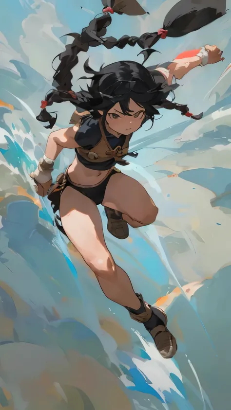  Granblue fantasy style， kicks at the enemy's brilliance {x} is waging a battle。 a boyish girl with black hair in braids 、 twirling and kicking at the enemy's brilliant 。Although small、 supple muscles emerge 、An exposed belly button is characteristic 。 wit...