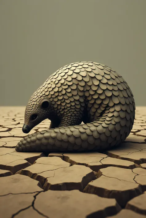 A lonely pangolin curled up in a defensive ball, resting on cracked earth, symbolizing its vulnerability due to illegal wildlife trade