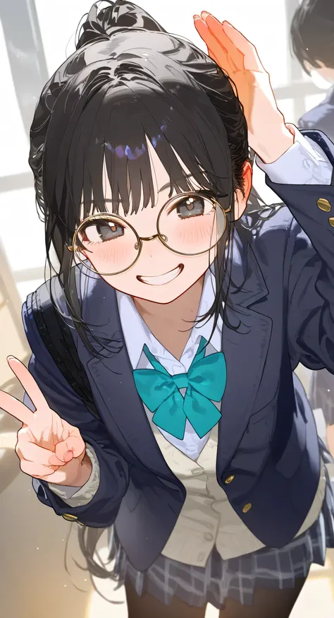 Oversized round glasses, ponytail, black hair, school uniform, grin, leaning forward, from above 