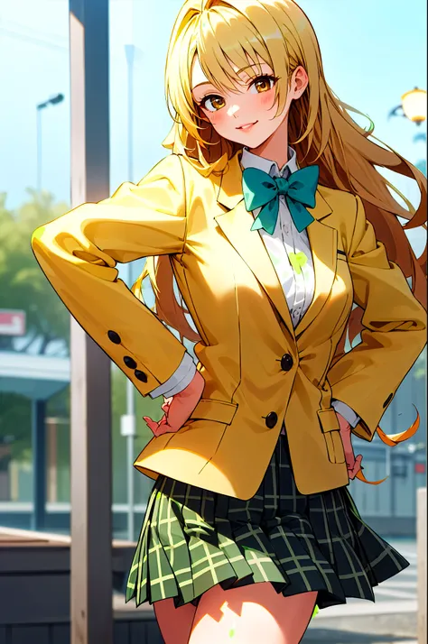 masterpiece, highest quality, High resolution, 1 girl, alone, long hair, blonde hair,  brown eyes, , green bow tie, white shirt, yellow blazer, long sleeve, plaid skirt, green skirt, Are standing,hands on hip, cowboy shot, outdoor,glossy lips ,smile