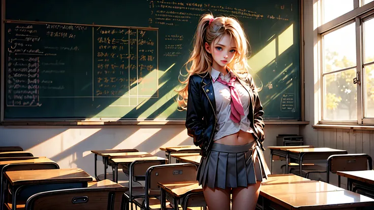 1girl, solo, single girl, young girl, Standing in a classroom, Cute blonde girl wearing revealing pink high-school uniform in classroom, sexy, petite, blue eyes, popular girl, standing in front of the chalkboard, 