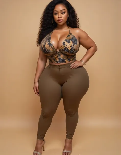 Full body, front view, African,  ,   gradient  curly hair, bigboobs, ((leggings, African print Pleated Camisole Top, heels, (((plus size curvy body, wide hips))) )), plain background
