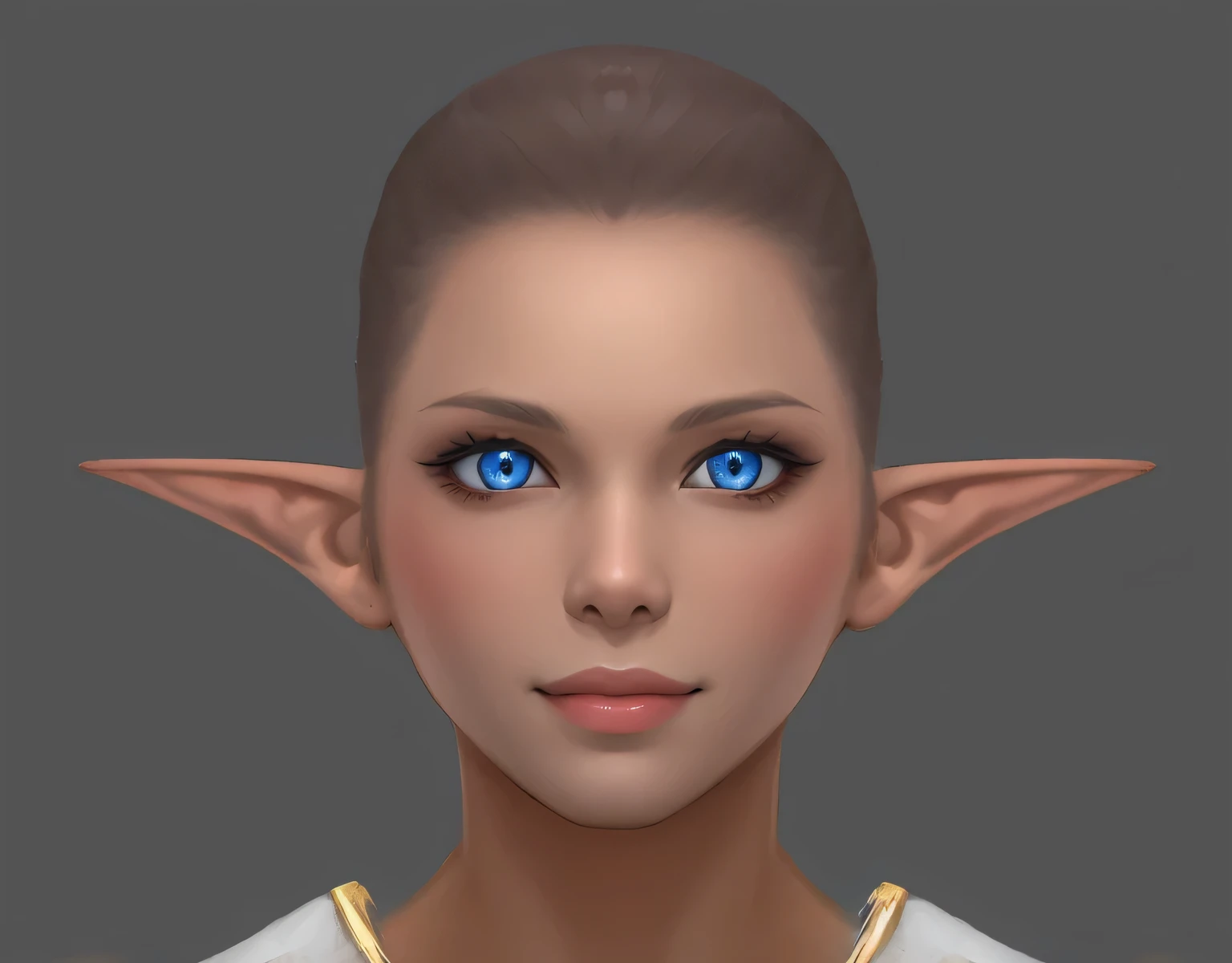  close-up of a woman with blue eyes and a white shirt, She has fairy ears and golden eyes , Elf character with a smile , Female Elf, hyper detailed fantasy character, Half-elf woman, Elf in the center , accurate  detailed Face, Elf Portrait, with very high...