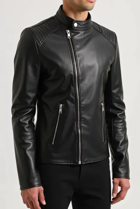 "Design a sleek and minimal Café Racer leather jacket that exudes class and sophistication while maintaining a modern, eye-catching appeal. The jacket should be crafted from premium full-grain leather for a luxurious texture and durability. Focus on a stre...