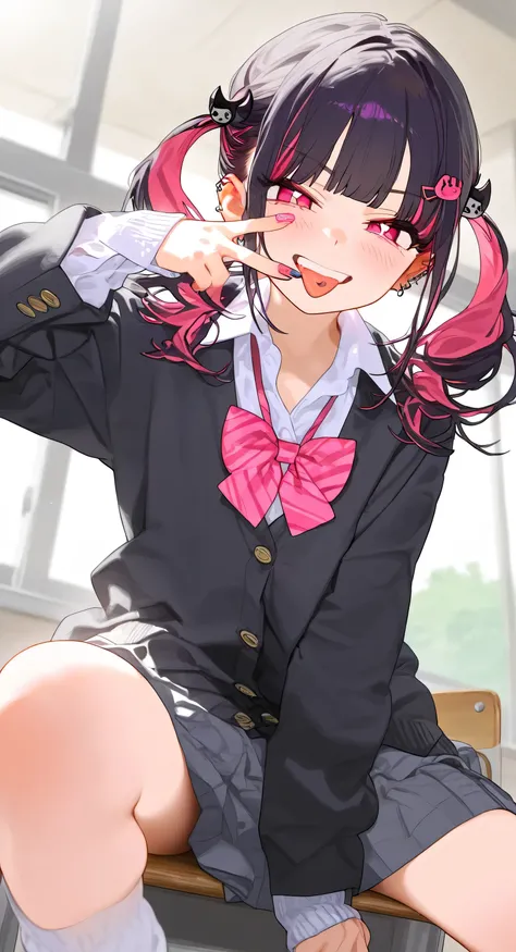 1girl, solo, twintail, black hair, school uniform, grin, pink inner hair, looking at viewer, tongue, v over tongue 