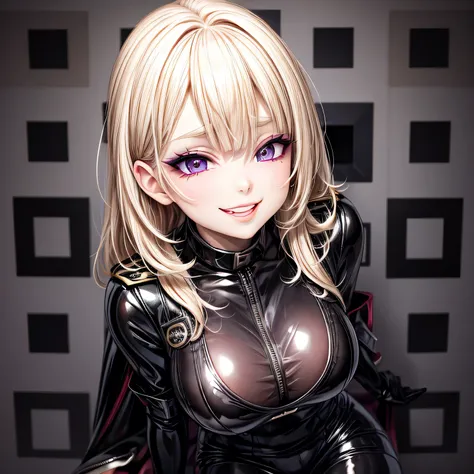 evil smile, under , bratty girl, shiny latex, officer uniform, blonde hair, highlighted eyes with eyeliner, false eyelashes, soft shadows, light makeup, blushed