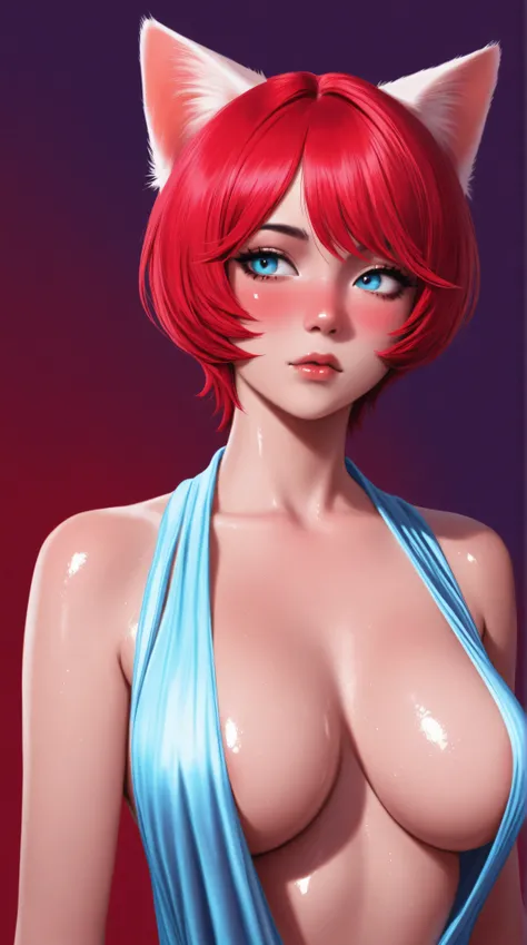 Kizi asian girl, Highly detailed, Amazing work，Vitreous luster,((clean backdrop))，In purple，(((red colors)))，blue color，white colour，Best quality at best, shiny skin, plunging neckline, cat girl, heavy blushing, no background, purple background, red backgr...