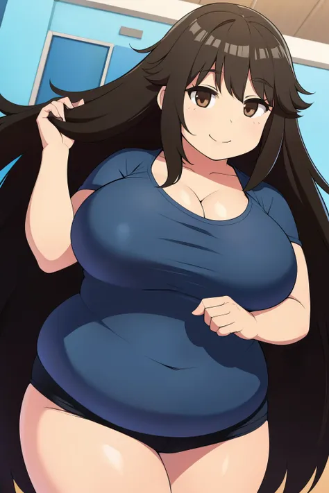 Chubby girl with big breasts black hair brown eyes happy long messy hair smiling 