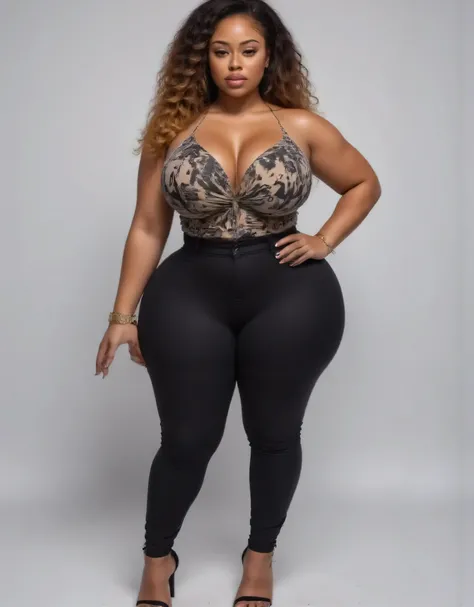 Full body, front view, African,  ,   gradient  curly hair, bigboobs, ((High Waist High Elasticity Yoga Leggings Fine Stitch Design Pu Fabric black leggings, print Pleated Camisole Top, heels, (((plus size curvy body, wide hips))) )), plain background
