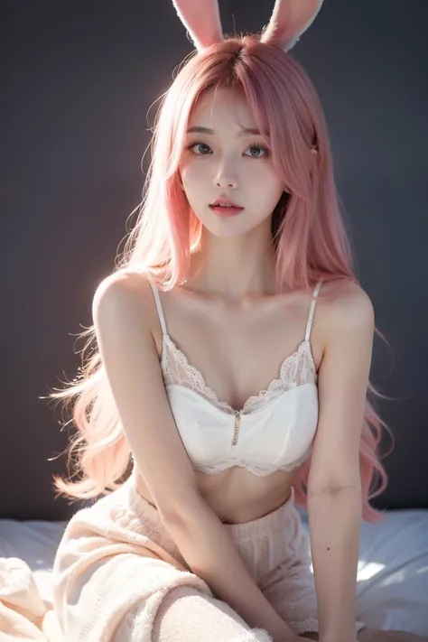 girl with pink hair,Korean Style, cute,reverse bunny solo,  Hi-Res,  look,  long hair,  high quality model,  Rough Breathing, 