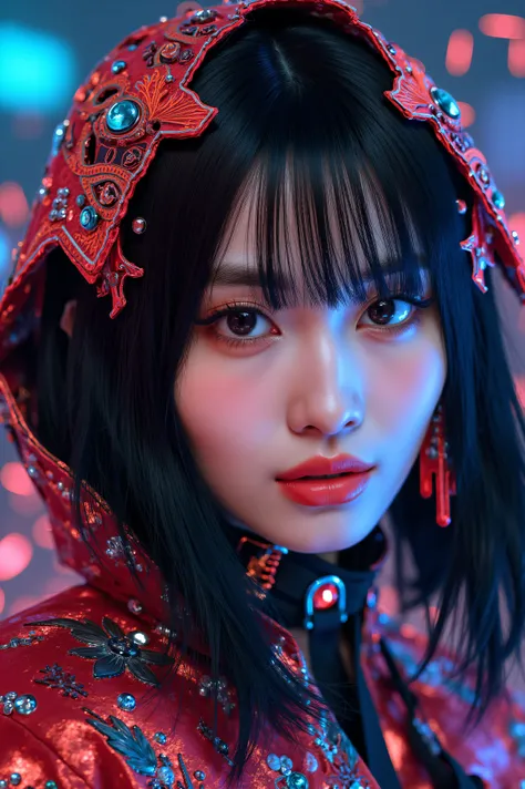 A breathtaking hyperrealistic anime portrait of a mesmerizing Japanese woman, embodying a futuristic and groundbreaking style reminiscent of Junya Watanabe's innovative designs. The subject wears an experimental outfit with daring shapes and unconventional...