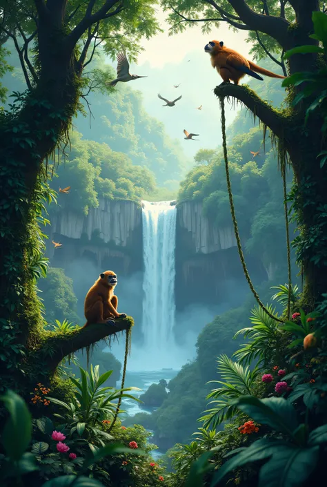 A dense rainforest canopy with monkeys swinging between trees, exotic birds in flight, and a waterfall in the distance. Misty, ethereal atmosphere