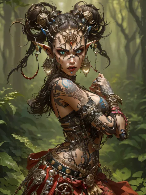 arafed woman with tattoos and piercings posing in a forest, beautiful biomechanical djinn, hyperdetailed fantasy character, extremely detailed goddess shot, cyberpunk angry gorgeous druid, ornate cosplay, apsaras warrior, beautiful cyborg priestess, cyberp...