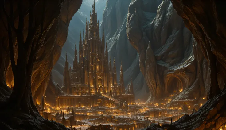 fantasy art, high fantasy picture, of an Undermountain kingdom, there is a massive palace underground, inside a mighty cave, with many towers, and a barbican,  ultra details, best details, masterpiece, the cave is lit by torches, UHD< best quality, 16K, Na...