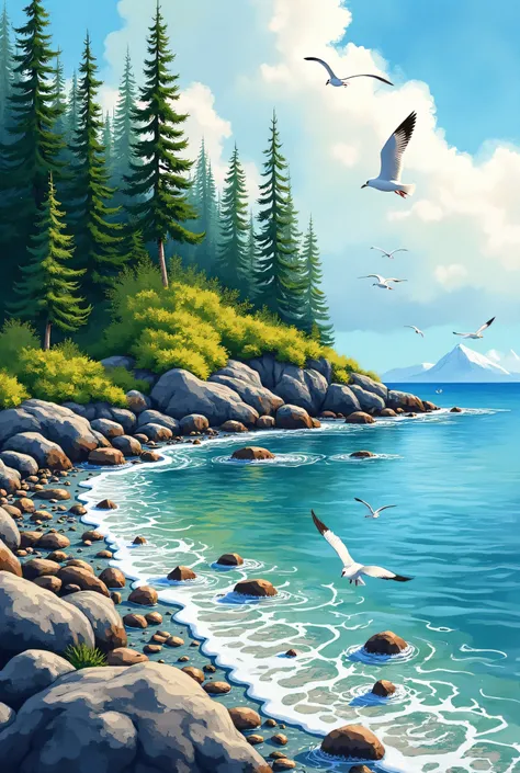 Watercolor painting of an Alaskan bay shore, showcasing vibrant, lush forests of pines and firs, complemented by rocks, seagulls, and sea foam on the beach. The scene is brimming with intricate details such as pebbles, shells, and algae strewn along the sh...