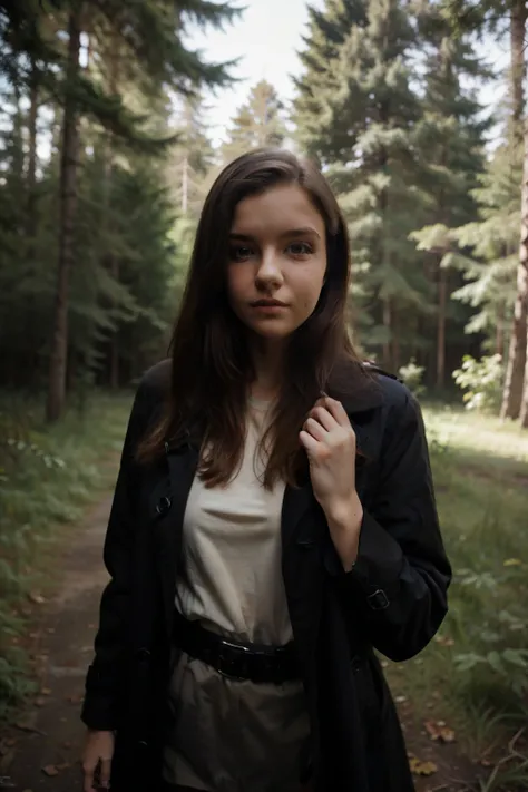 A 18 year old brunete prisoner polish girl Ana looks at me after I gave her a blanket an she wears a black shirt with a trenchcoat on in the forest.1940's style