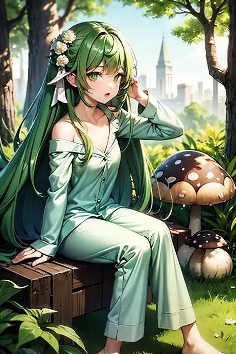  pretty girl with green hair ,  long hair ,  green eyes, with a white flower in her hair, green pajamas ,  sitting on the mushroom
