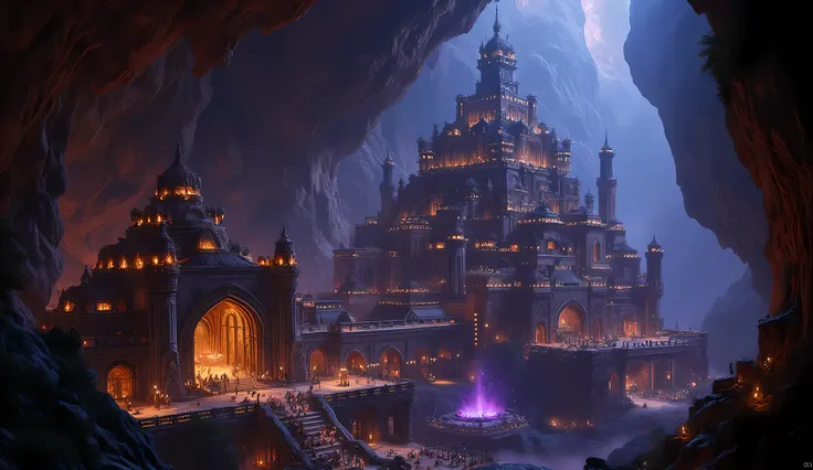 fantasy art, high fantasy picture, of an Undermountain kingdom, there is a massive palace underground, inside a mighty cave, with many towers, and a barbican, temple lit by purple glow, there are lights in different colors,  ultra details, best details, ma...