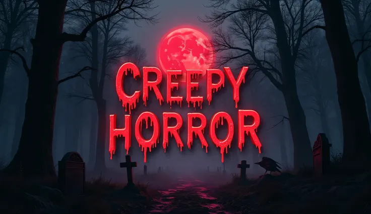 "A YouTube horror banner with a dark and eerie atmosphere, perfect for a channel dedicated to horror movies, scary stories, or horror gameplay. The background features a misty, dark forest at night, illuminated by a blood-red moon. In the foreground, there...