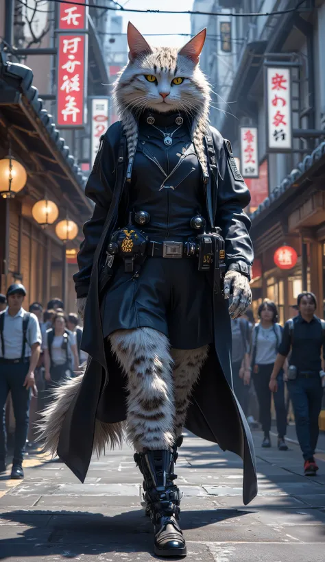 A large humanoid female cat as a Japanese police officer is patrolling the shopping area, occasionally smiling at citizens.