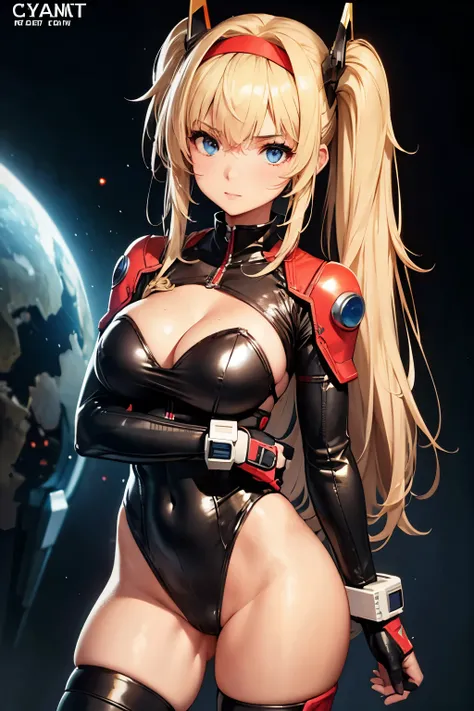 girl Fran, highest quality，masterpiece，The ultimate solution，fluffy，very colorful，colorful，Female Fighter，18-year-old female，Alone，semi-long，Cleavage、Tight red combat suit，Cyber Suit，Cyberpunk Night Background，Normal posture，Normal posture、blonde hair，Blue...