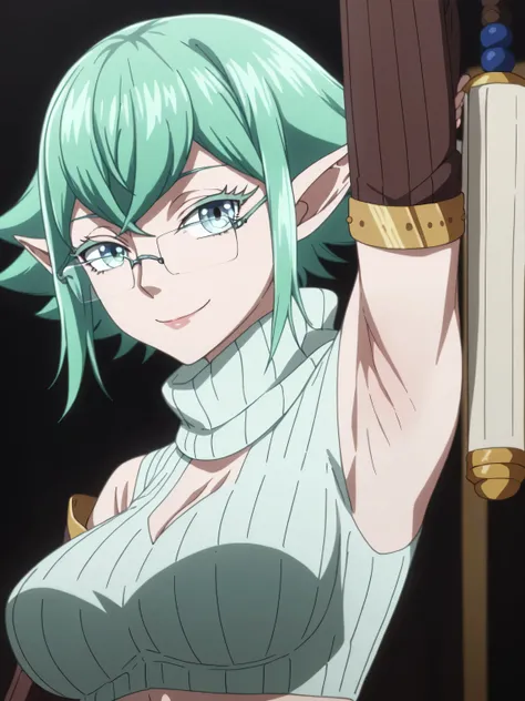 score_9, score_8_up, score_7_up, source_anime, masterpiece, best quality, amazing quality, anime screencap, 1girl, solo, belinda, short_hair, green_hair, pointy_ears, green_eyes, glasses, elf, large_breasts, brown detached sleeves, ribbed_sweater, turtlene...