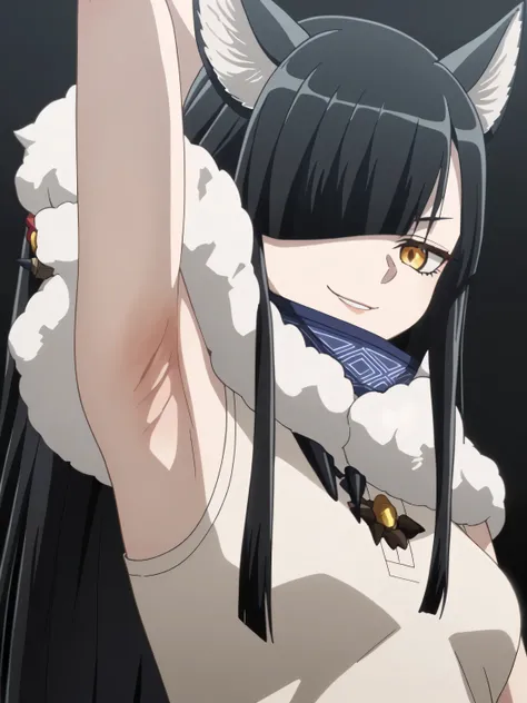 score_9, score_8_up, score_7_up, source_anime, masterpiece, best quality, amazing quality, anime screencap, 1girl, solo, genome, long_hair, black_hair, hair_over_one_eye, brown_eyes, yellow_eyes, wolf_ears, wolf_girl, coat, fur_trim, fur_collar, scarf, ani...